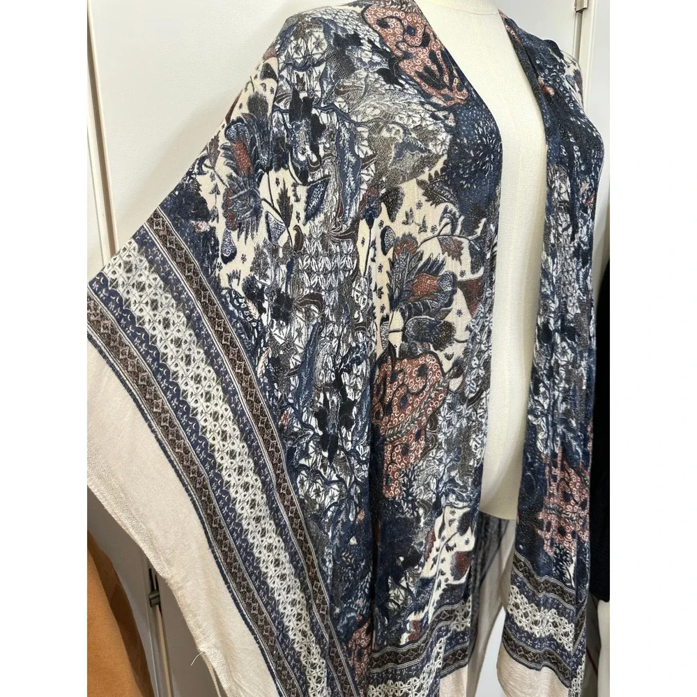 Blue Floral Paisley Boho Kimono Cardigan L-XL Open Front Wrap Gypsy Western - Picture 3 of 8